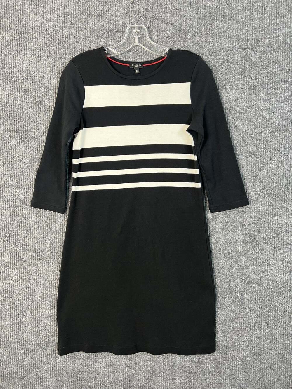 Talbots Knit Shift Dress Womens Small Petite Black Striped Classic Preppy Office